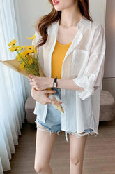 Striped Sun Proof Chiffon Office Blouse Shirt